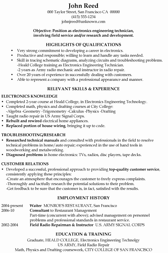 Electronics Technician Resume Sample New Resume Sample Electronics Engineering Technician