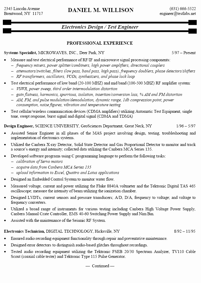 Electronics Technician Resume Sample New Resume Sample for Electronics Test Engineer