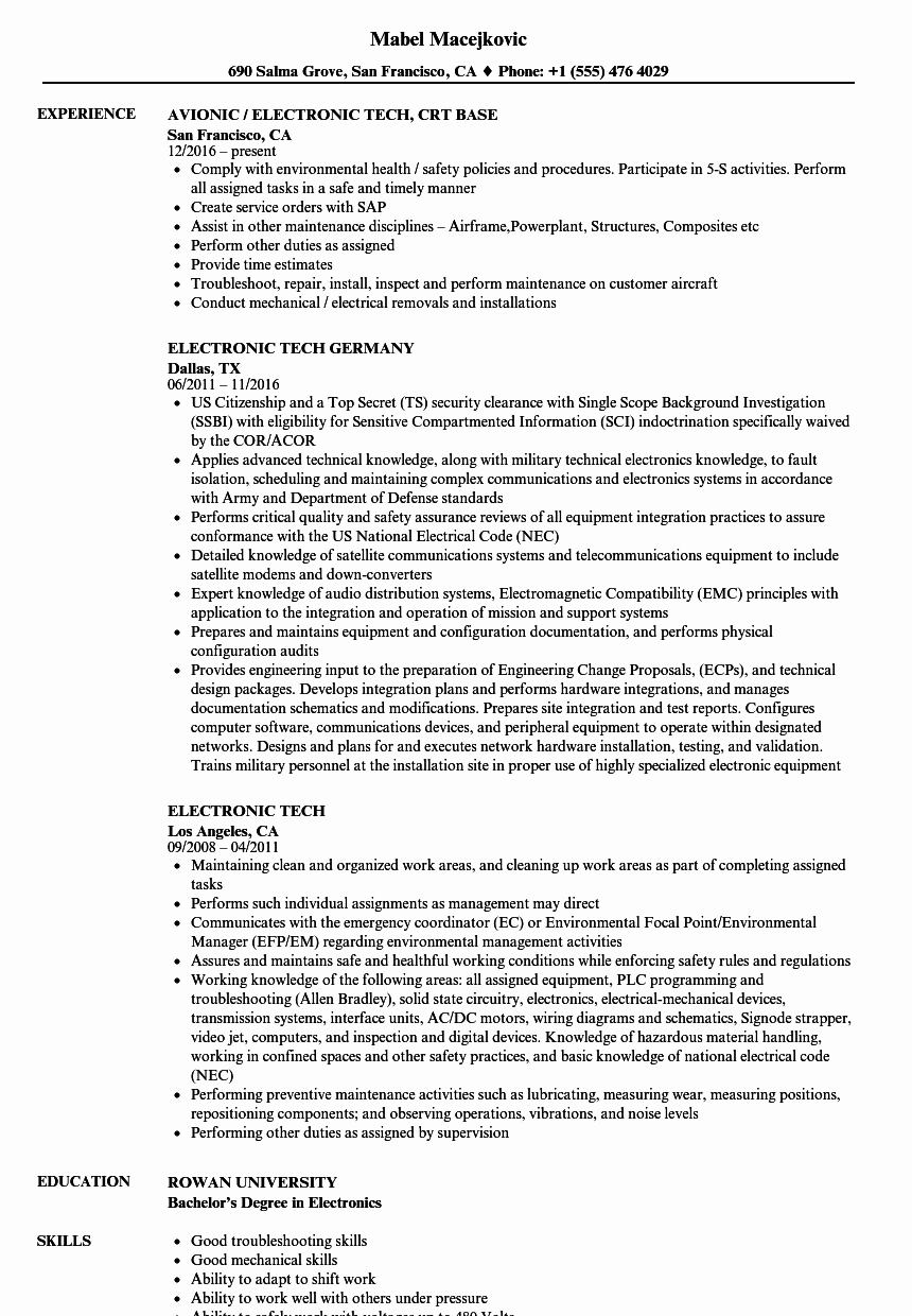 Electronics Technician Resume Sample Unique Electronic Tech Resume Samples