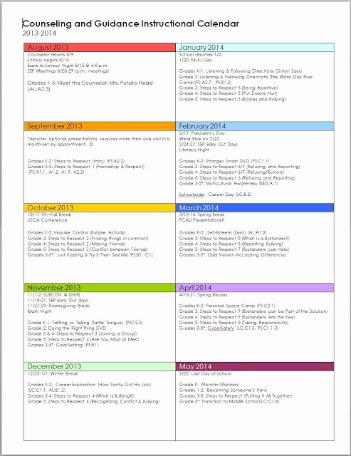 Elementary School Master Schedule Template Best Of Guidance Calendar School Counseling