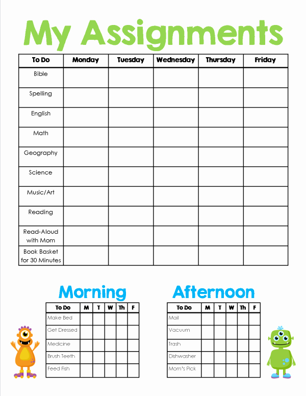 Elementary School Master Schedule Template Inspirational Homeschool assignment &amp; Chores Sheet Free Printable