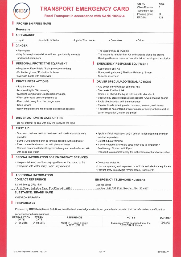 Emergency Card Template New Transport Emergency Cards Dgr Pliance solutions