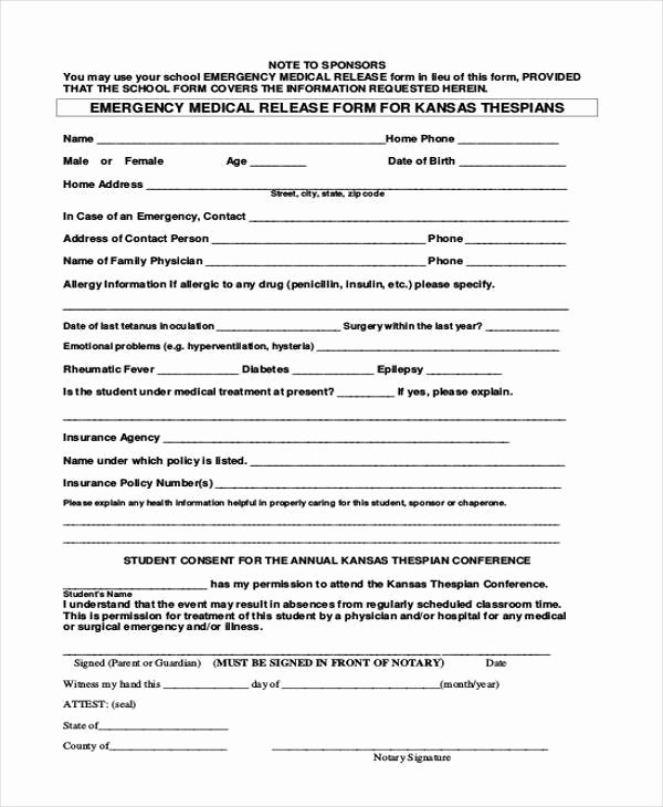 Emergency Room Discharge form Best Of 9 Emergency Release form Samples Free Sample Example