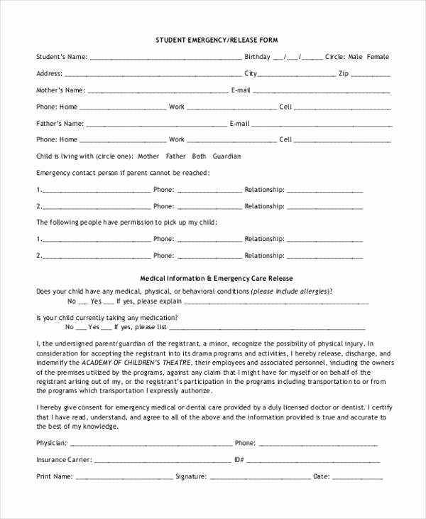 Emergency Room Discharge form Fresh 9 Emergency Release form Samples Free Sample Example