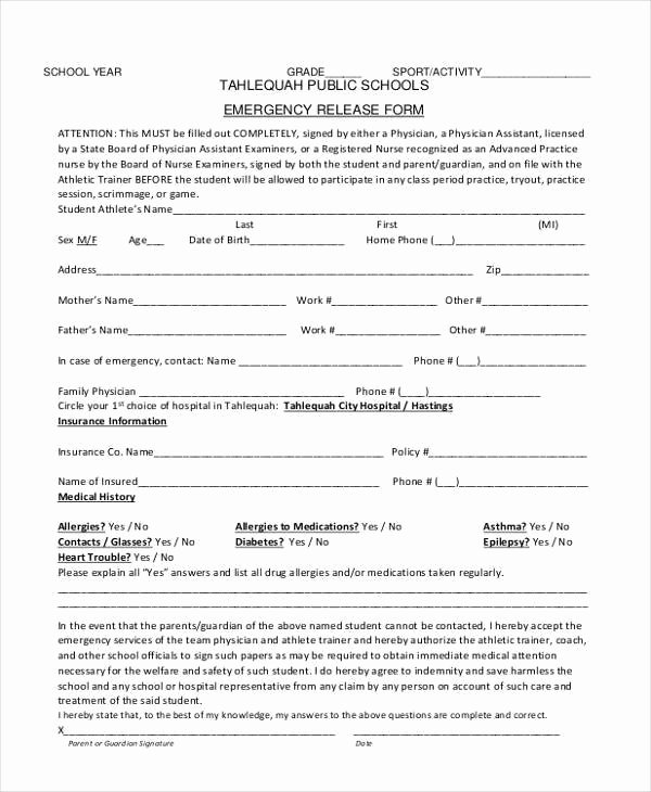 Emergency Room Discharge form Lovely Sample Emergency Release forms 8 Free Documents In Pdf