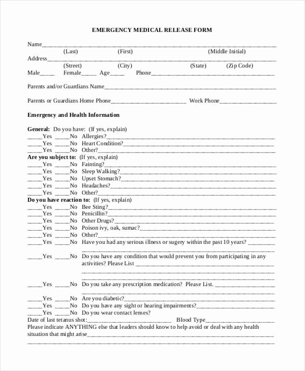 Emergency Room Discharge form Luxury Sample Emergency Release forms 8 Free Documents In Pdf