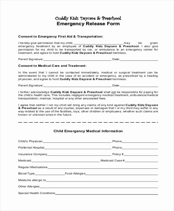 Emergency Room Release form Awesome 9 Emergency Release form Samples Free Sample Example