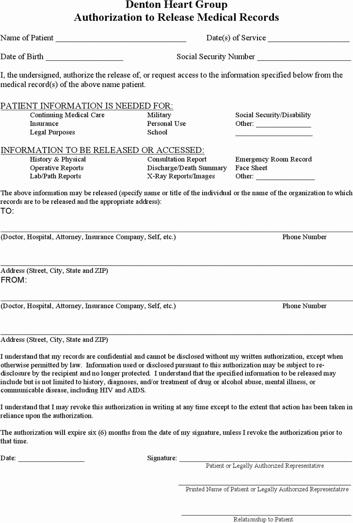 Emergency Room Release form Lovely Free Generic Authorization to Release Medical Records form