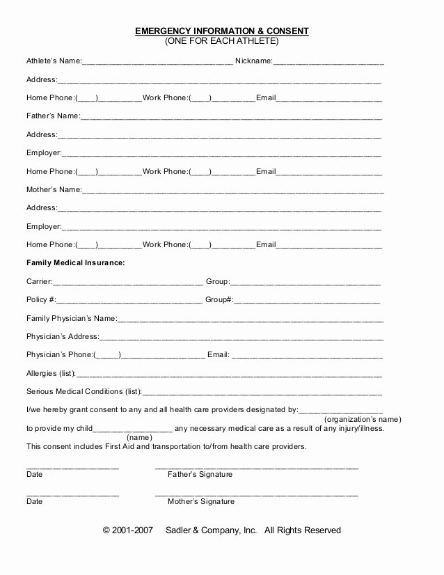 Emergency Room Release form Unique Emergency Information Medical Consent form