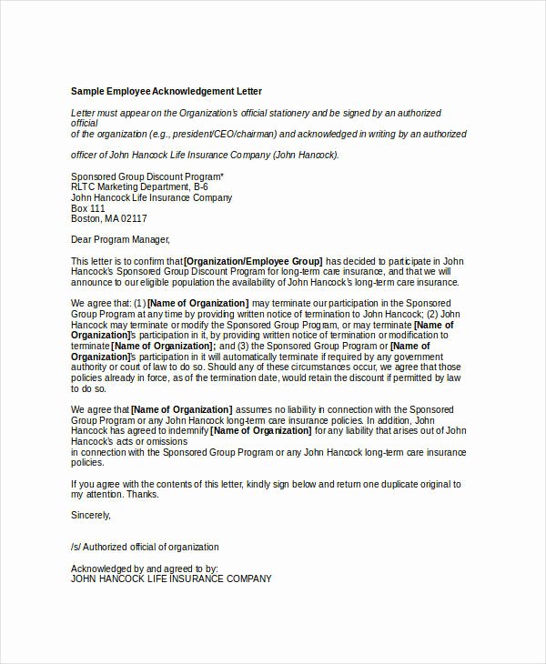 Employee Acknowledgement form Template Awesome Employee Acknowledgement Letter Template 6 Free Word