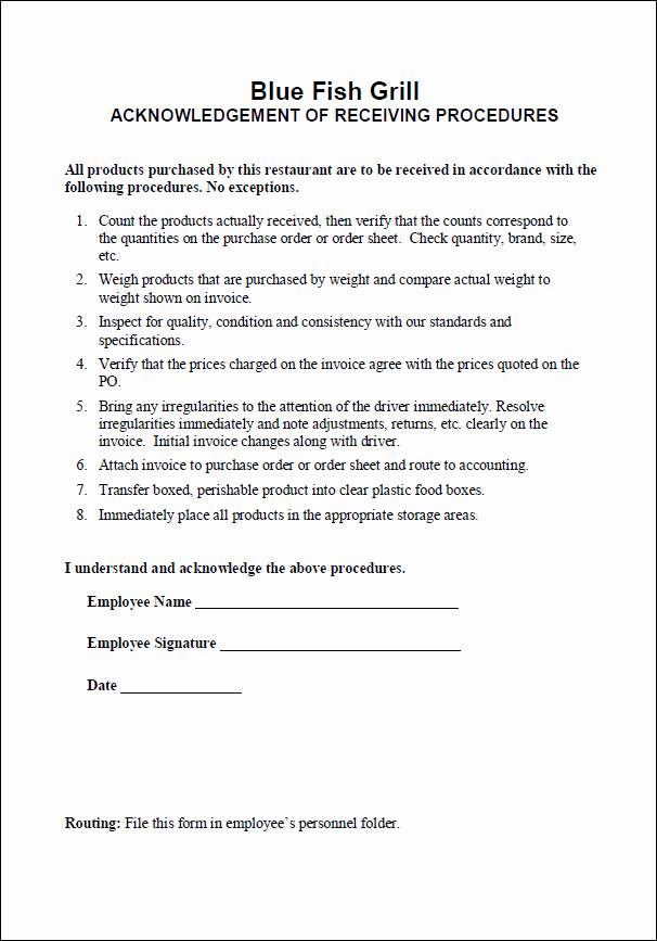 Employee Acknowledgement form Template Awesome Employee Acknowledgement Of Receiving Procedures