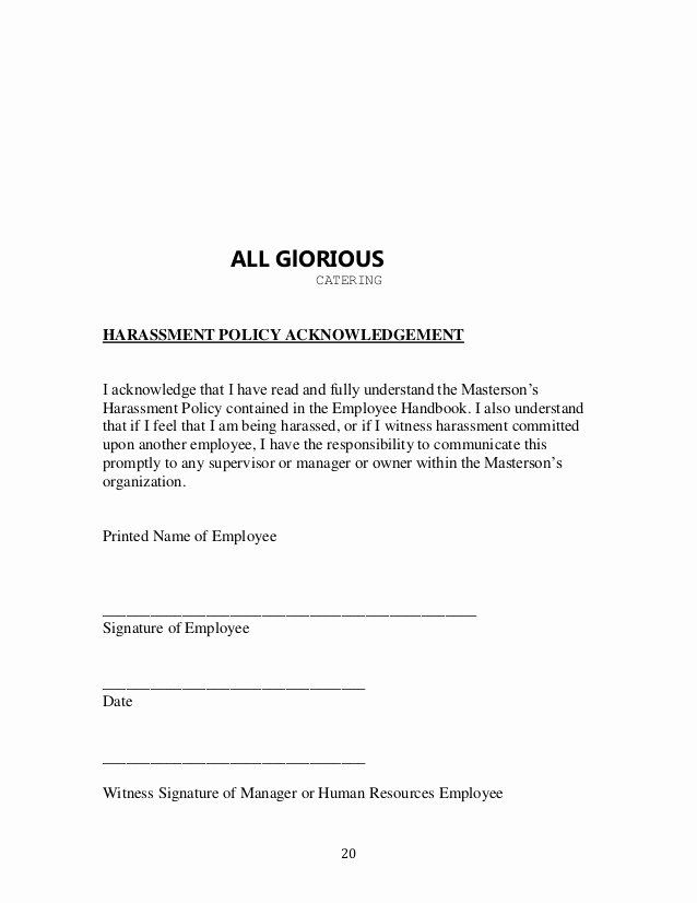 Employee Acknowledgement form Template Beautiful All Glorious Catering Handbook
