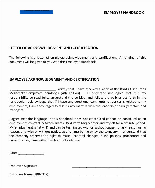 Employee Acknowledgement form Template New Employee Acknowledgement Letter Template 6 Free Word