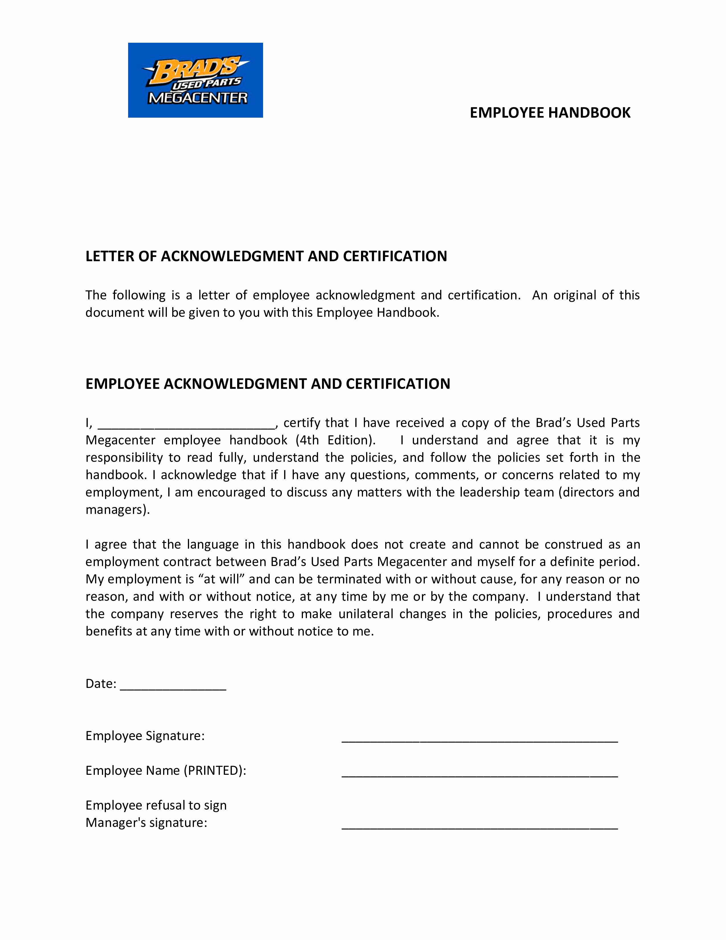 Employee Acknowledgement form Template New Free Employee Handbook Acknowledgement Letter