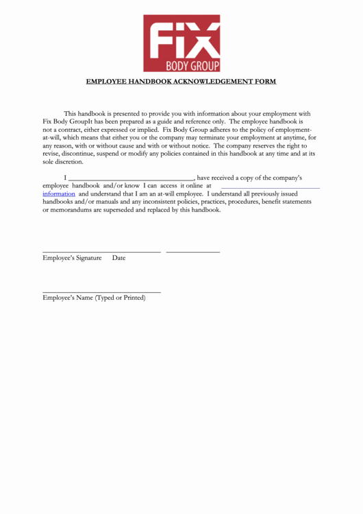 Employee Acknowledgement form Template Unique top Employee Handbook Acknowledgement form Templates Free