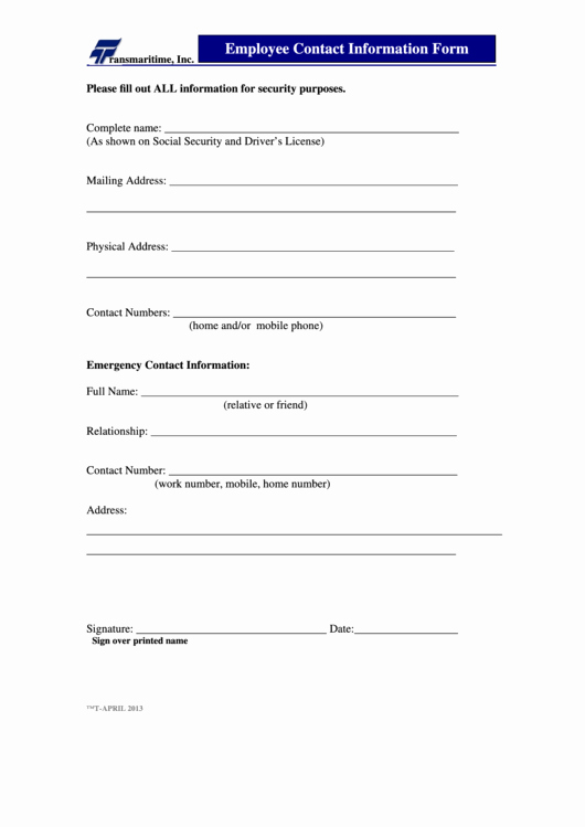 Employee Contact Information form Beautiful Employee Contact Information form Transmaritime Inc