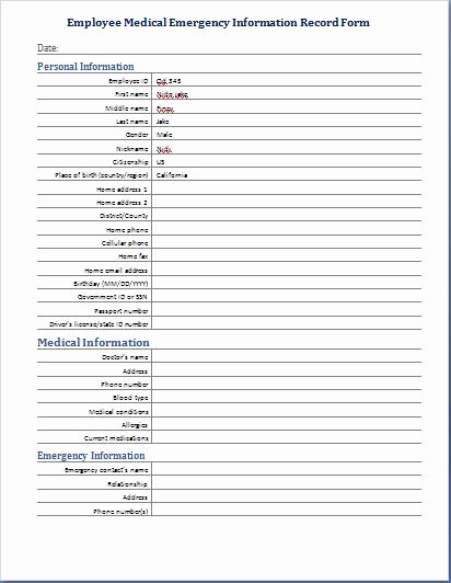 Employee Contact Information form Beautiful Medical Information form – Medical form Templates