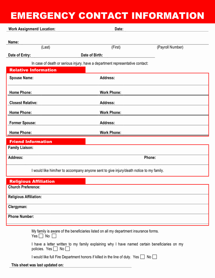 Employee Contact Information form Best Of Emergency Contact form In Word and Pdf formats