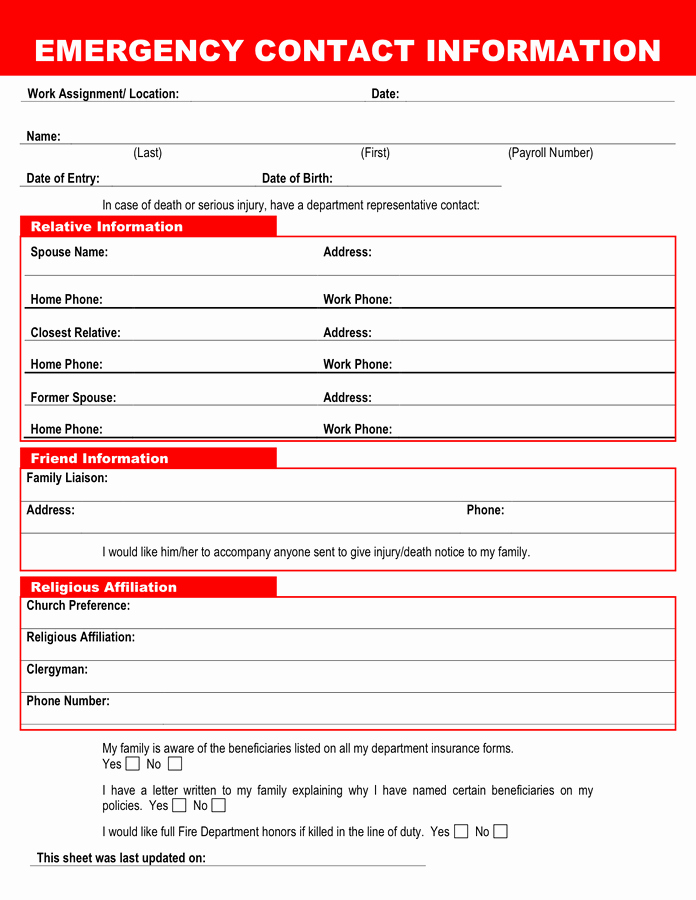 Employee Contact Information form Best Of Emergency Contact form In Word and Pdf formats