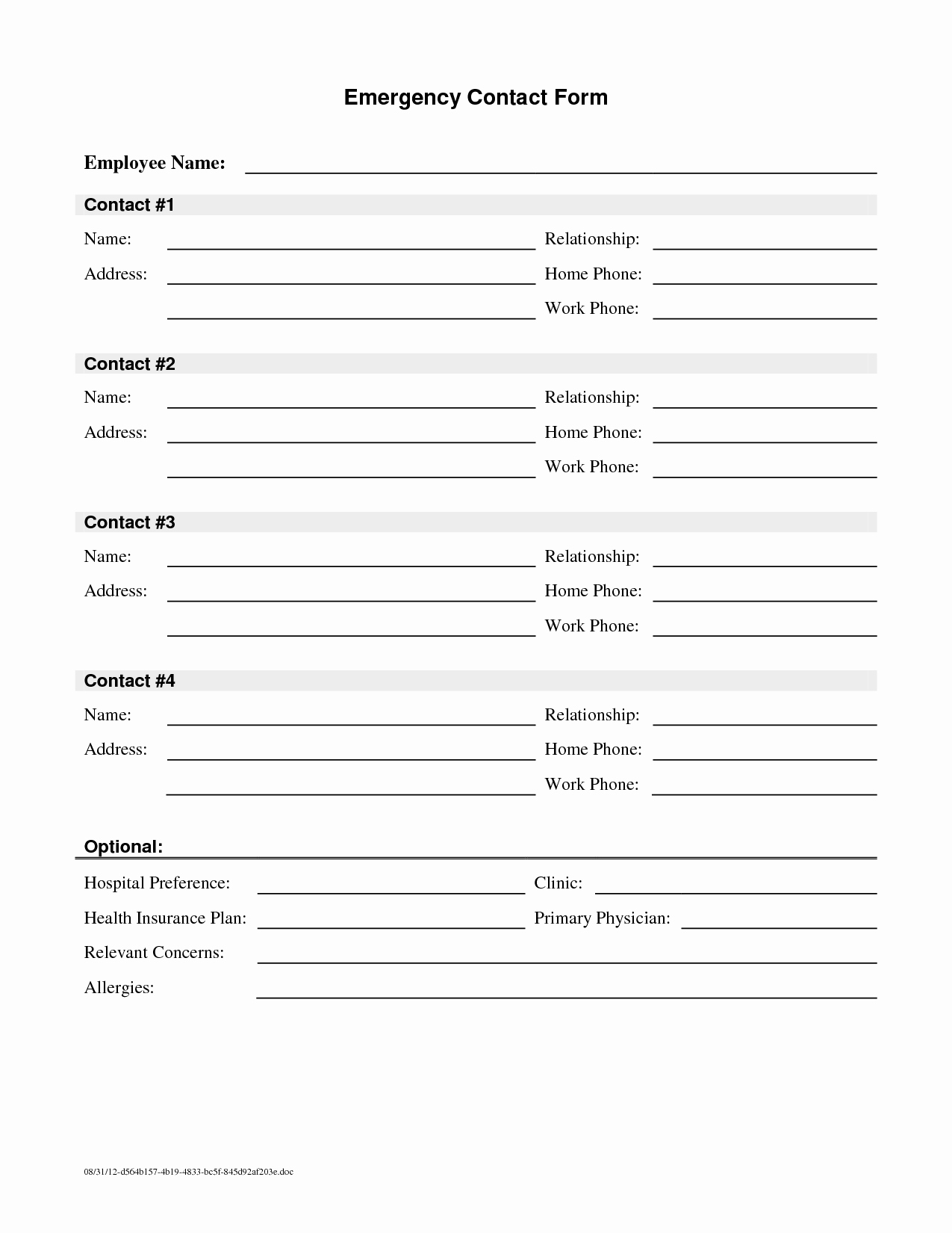 Employee Contact Information form Luxury Employee Emergency Contact Printable form to Pin