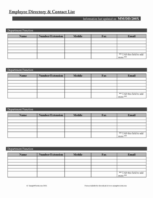 Employee Contact Information form New Employee Directory and Contact List form