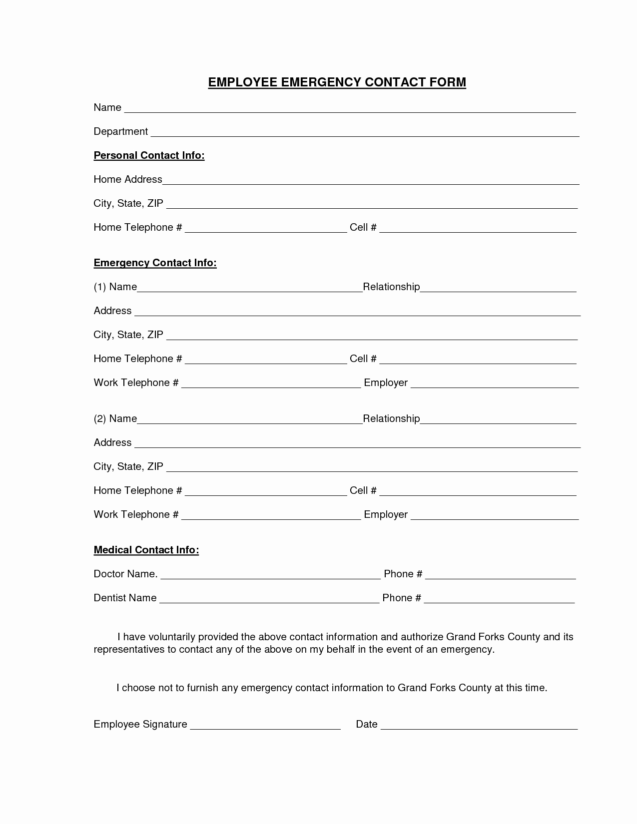 Employee Contact Information form Unique Employee Emergency Contact Printable form to Pin