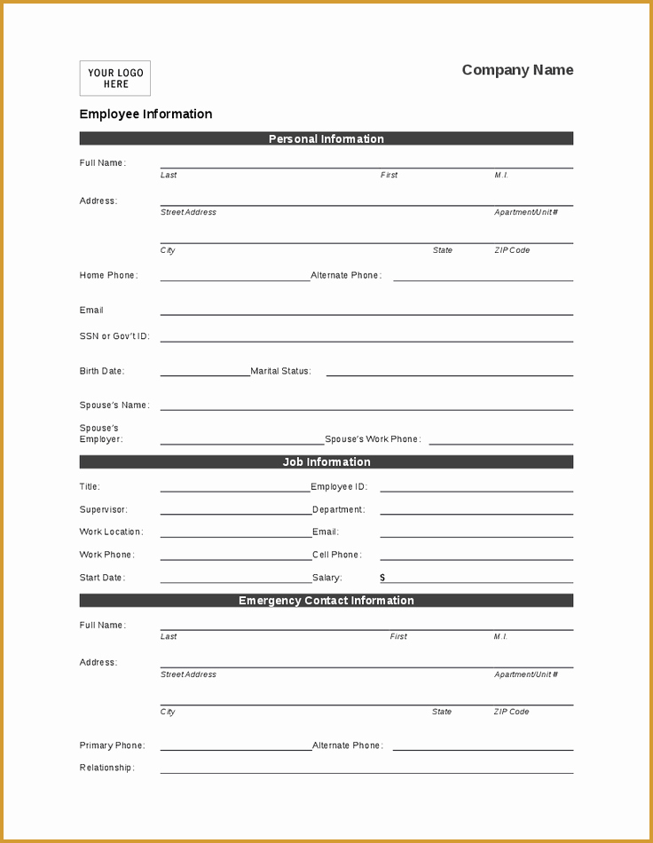 Employee Contact Information Template Awesome Employee Personal Information form Template