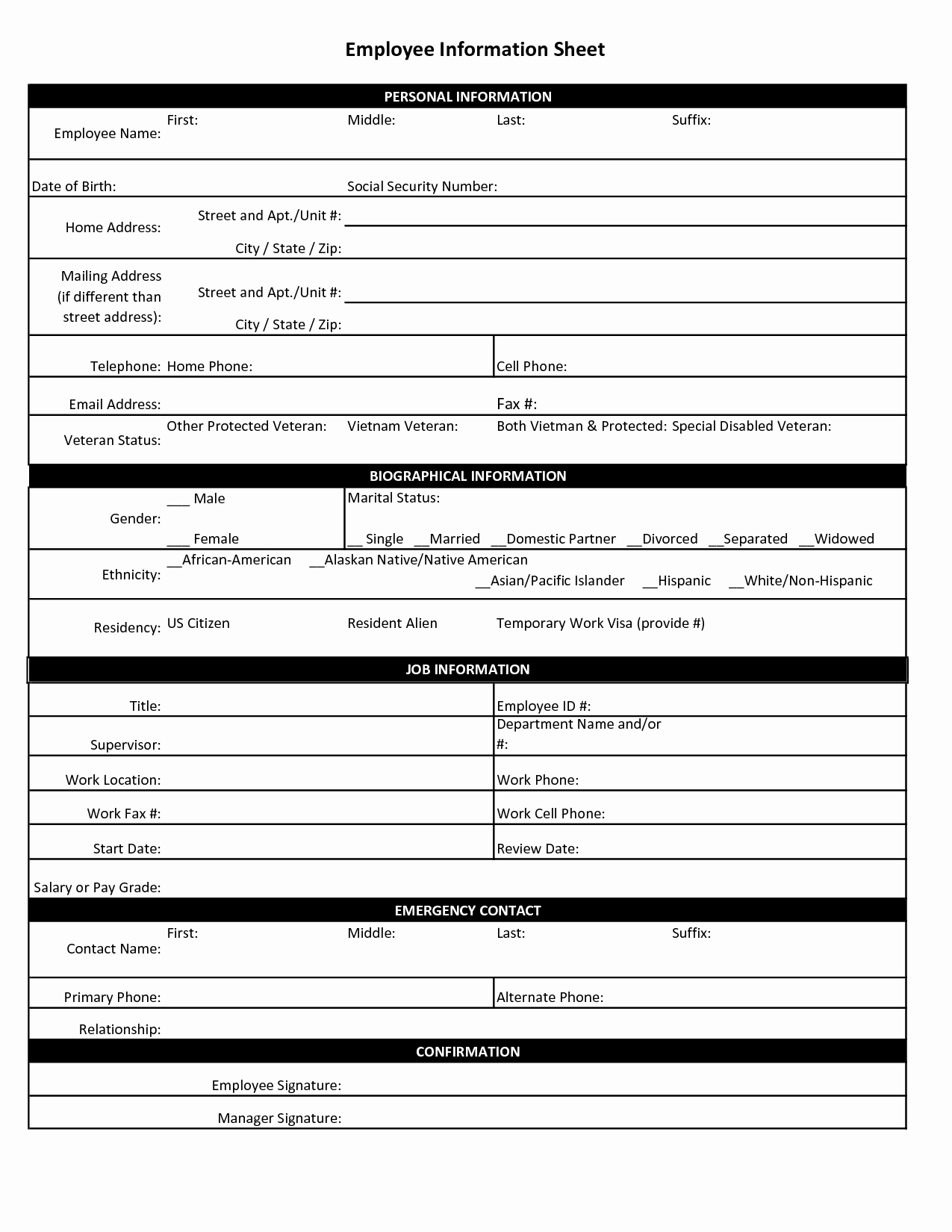 Employee Contact Information Template Awesome Employee Personal Information Sheet