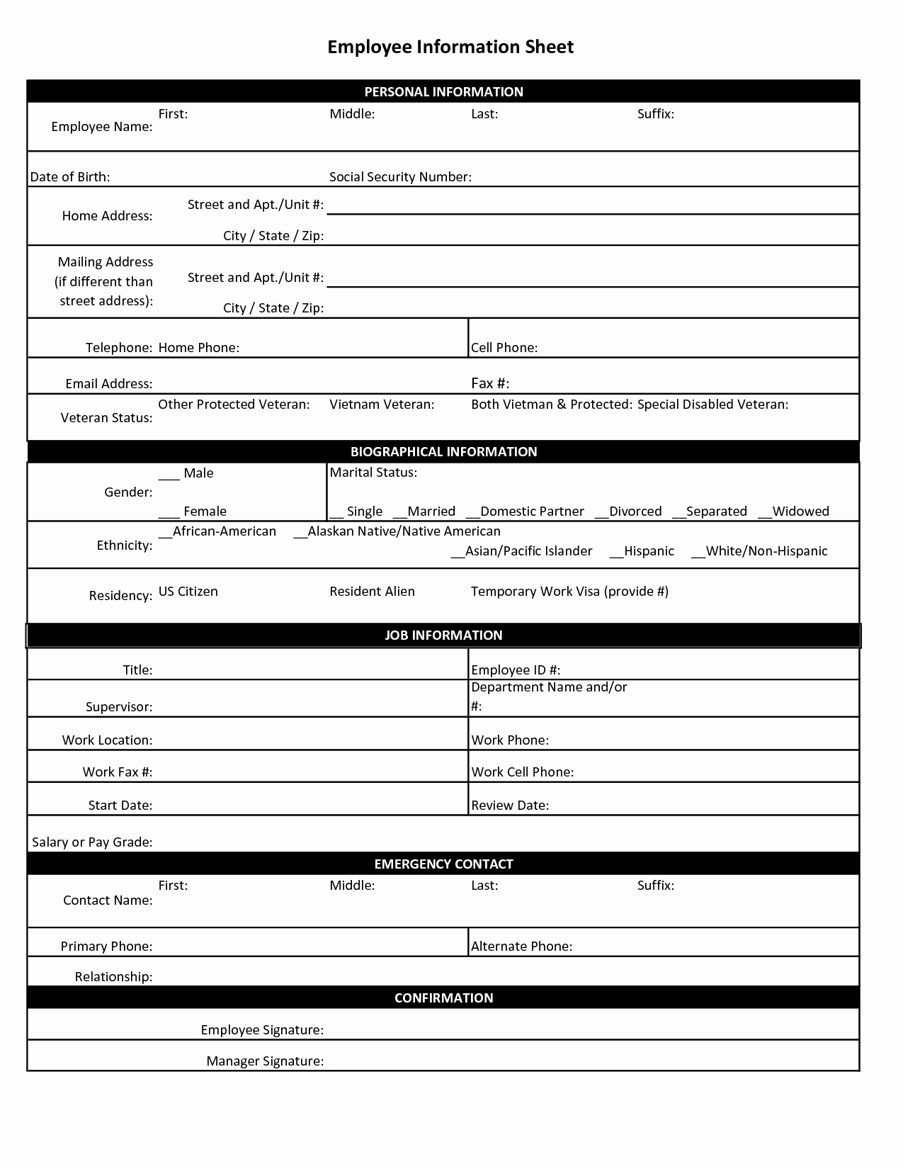 Employee Contact Information Template Awesome Employee Personal Information Sheet