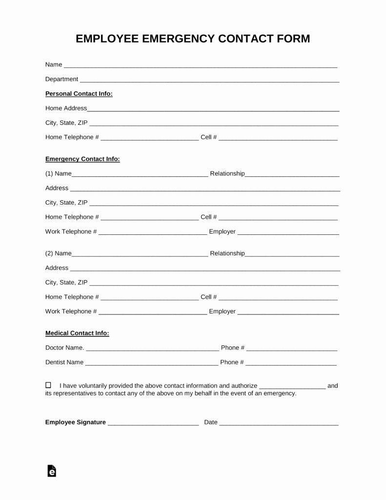 Employee Contact Information Template Awesome Free Employee Emergency Contact form Pdf Word