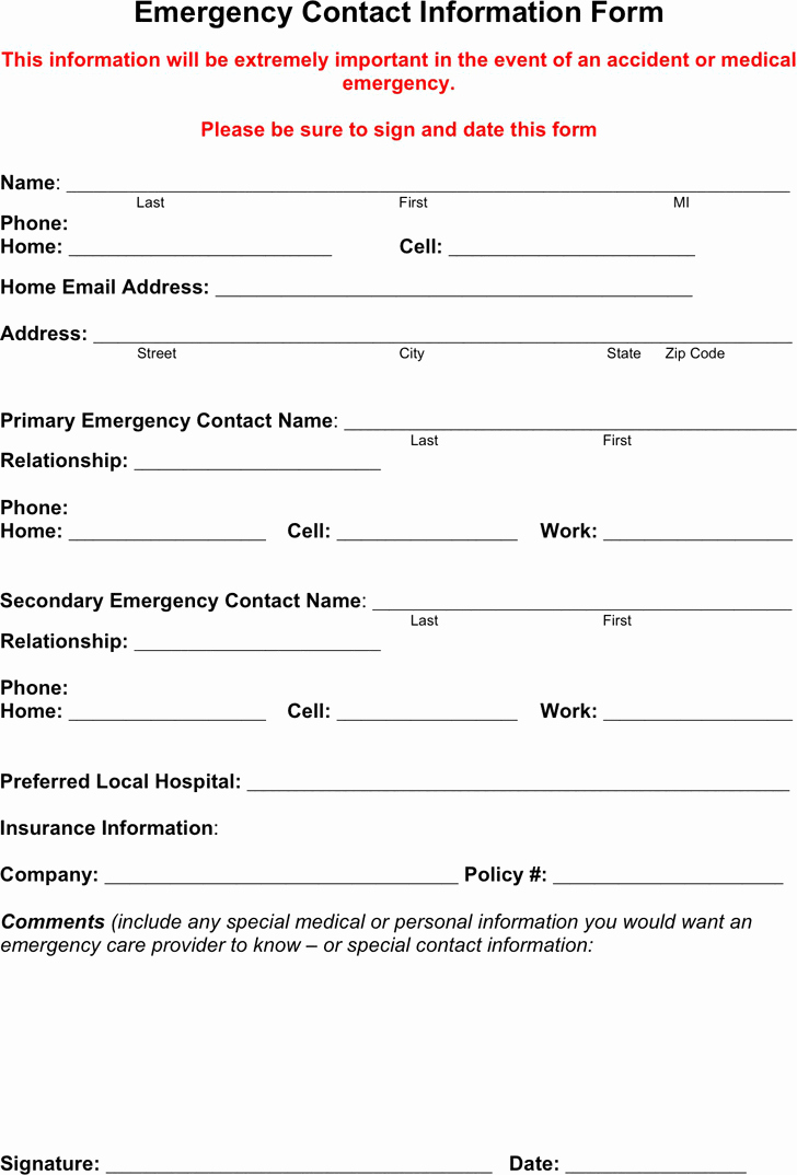 Employee Contact Information Template Lovely Free Emergency Contact form Pdf 18kb