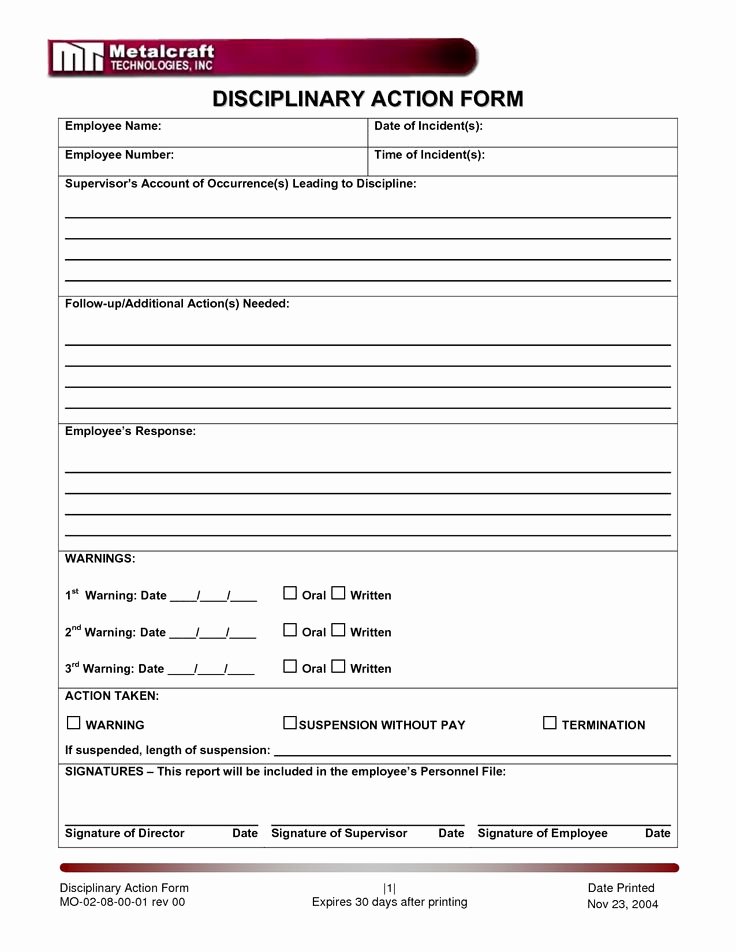 Employee Disciplinary form Template Free Lovely Disciplinary Action form Frompo