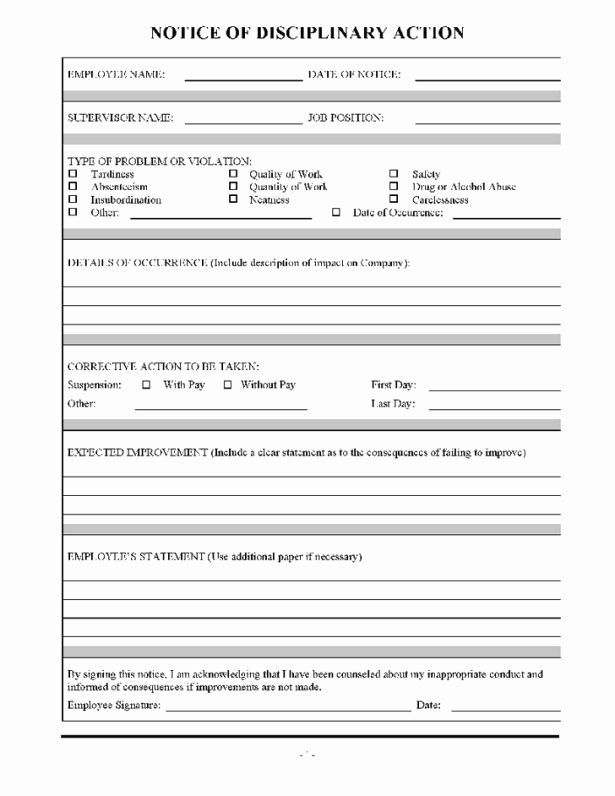 Employee Disciplinary form Template Free New Employee Write Up form Templates Word Excel Samples