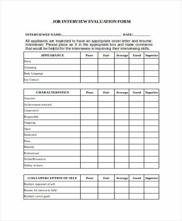 Employee Interview Evaluation form Best Of 9 Job Evaluation form Samples Free Sample Example