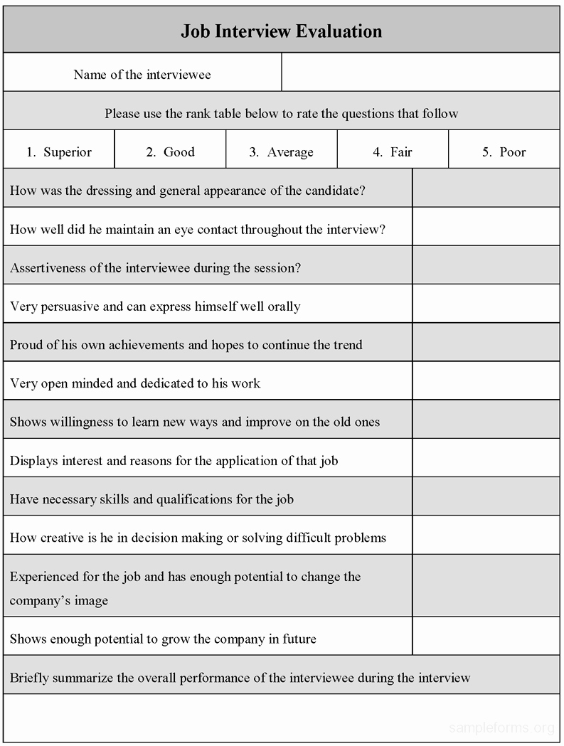 Employee Interview Evaluation form Fresh Job Interview Evaluation form Sample forms