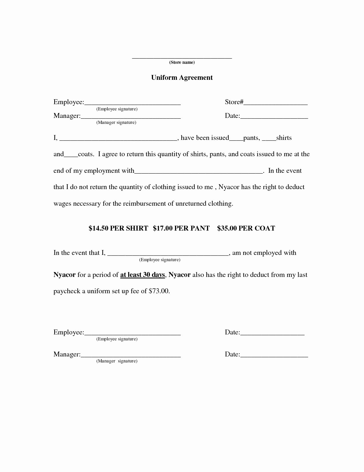 Employee Key Agreement form Beautiful 50 Special Uniform Employee Agreement Uo G