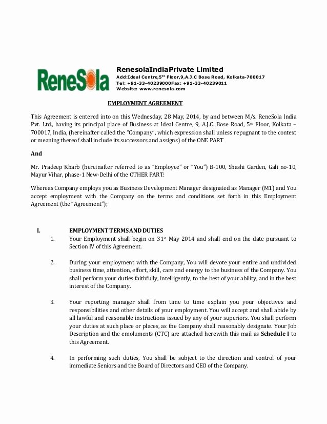 Employee Key Agreement form Beautiful Renesola India Employment Agreement