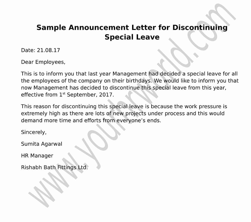 Employee Leaving Announcement Letter Samples Elegant Announcement Letter format for Discontinuing Special Leave