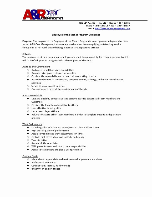 Employee Of the Month Nomination form Template Awesome Employee Of the Month Program Guidelines