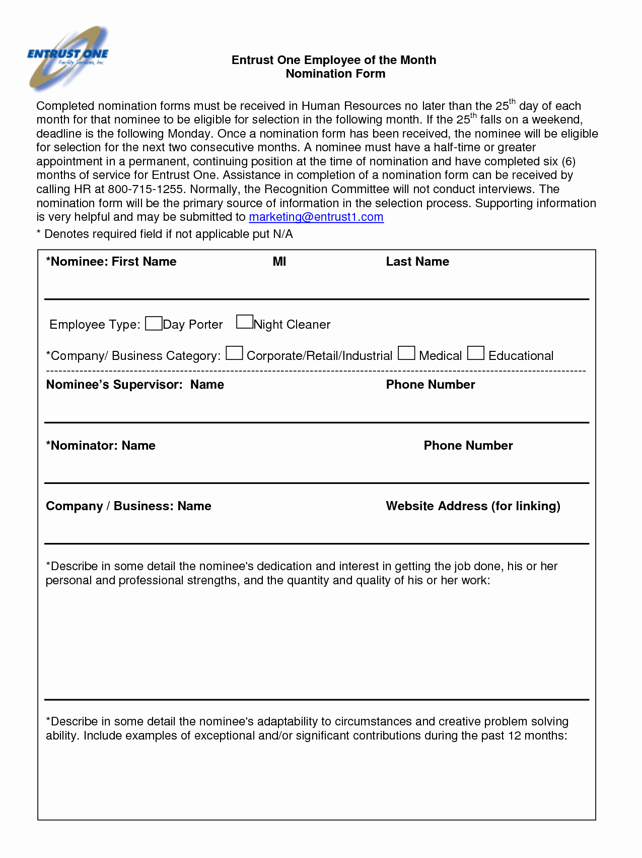 Employee Of the Month Nomination form Template Lovely Best S Of Employee Recognition Nomination Letter