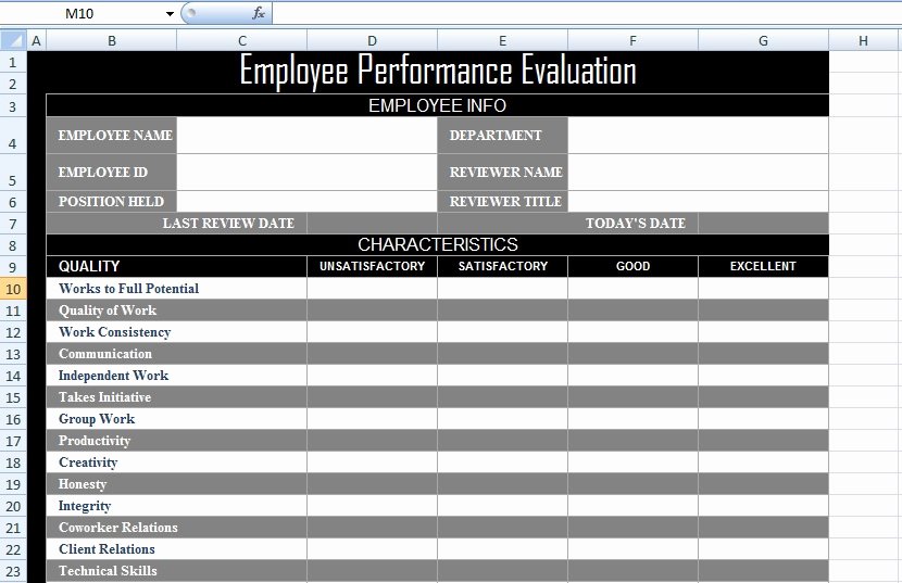 Employee Performance Tracking Template Excel Unique Employee Performance Evaluation form Xls Free Excel