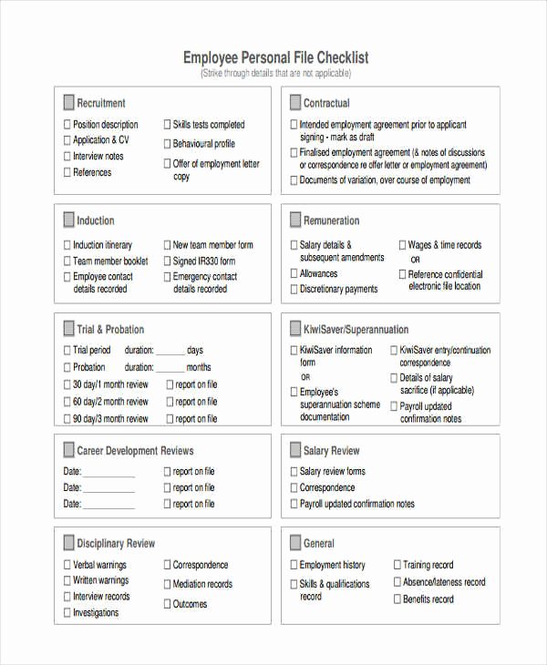 Employee Personnel File Template New Employee Checklist Templates 9 Free Samples Examples