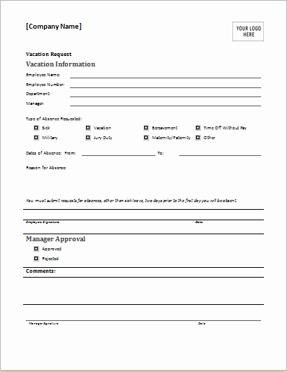 Employee Requisition form Template Luxury Employee Vacation Request form for Ms Word