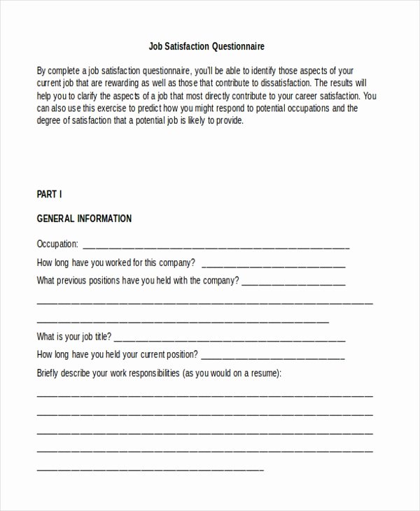Employee Satisfaction Survey Questionnaire Doc Fresh Sample Satisfaction Questionnaire form 11 Free