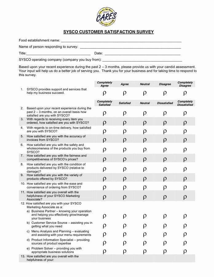Employee Satisfaction Survey Questionnaire Doc Fresh Sysco Customer Satisfaction Survey form In Word and Pdf