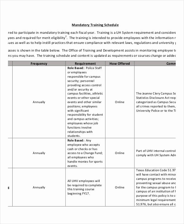 Employee Training Schedule Template New Employee Training Schedule Template 15 Free Word Pdf