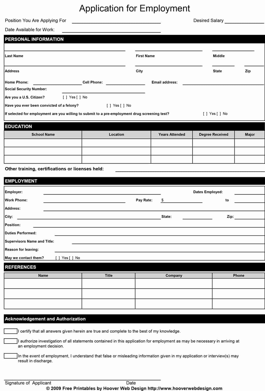 Employment Applications Printable Template Elegant 50 Free Employment Job Application form Templates