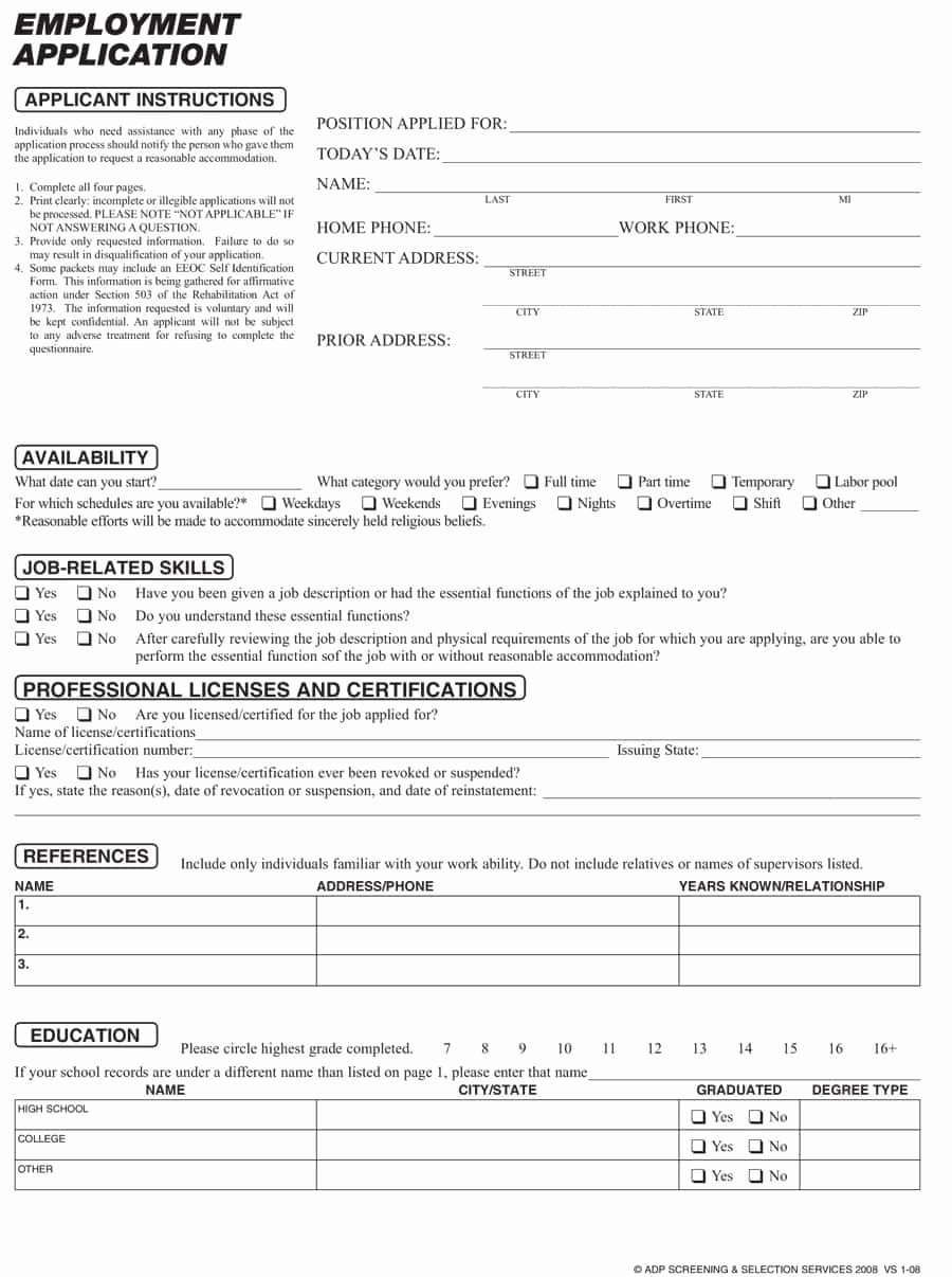 Employment Applications Printable Template Elegant 50 Free Employment Job Application form Templates