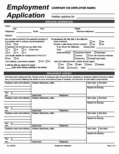 Employment Applications Printable Template Elegant Application Employment Free Download Create Edit Fill