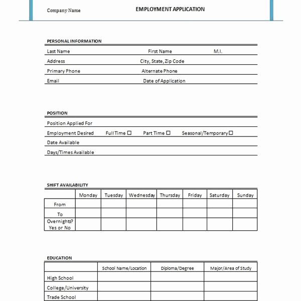 Employment Applications Printable Template Elegant Free Printable Job Application form Template form Generic